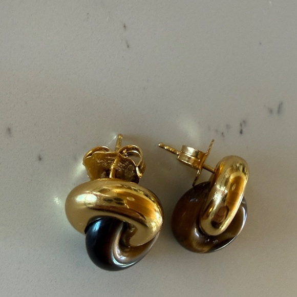 Monica Vinader x Kate Young Tiger's Eye Link Stud 18k Gold Vermeil Earrings - Picture 3 of 9